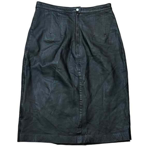 LOWELL & WHITNEY Black Leather Pencil Skirt Size 8 Work Party Date Mini Midi VTG - Picture 2 of 3